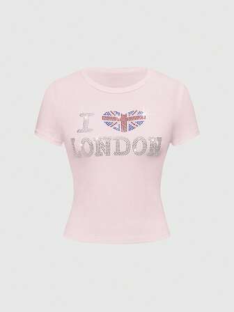 J-Fashion Maglietta aderente da donna con stampa mimetica, bandiera e strass stile Y2K Baddie