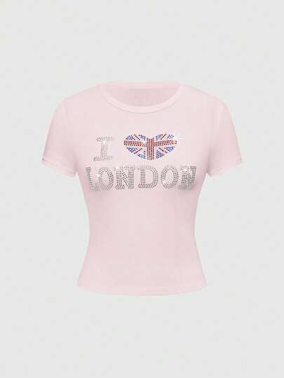 ROMWE J-Fashion Y2K Baddie Abby Flag & English Rhinestone Camo Print Tight Fit Women T-Shirt