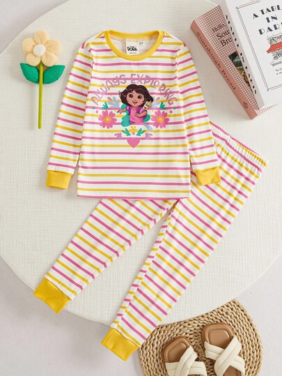 DORA | SHEIN Set de 2 piezas de pijama informal para niña joven con parte superior de manga larga de cuello redondo y estampado a rayas de Dora, y leggings