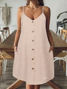 SHEIN VCAY Váy kẻ caro đen trắng thường ngày cỡ lớn dành cho nữ - Màu Khaki - Xem 1