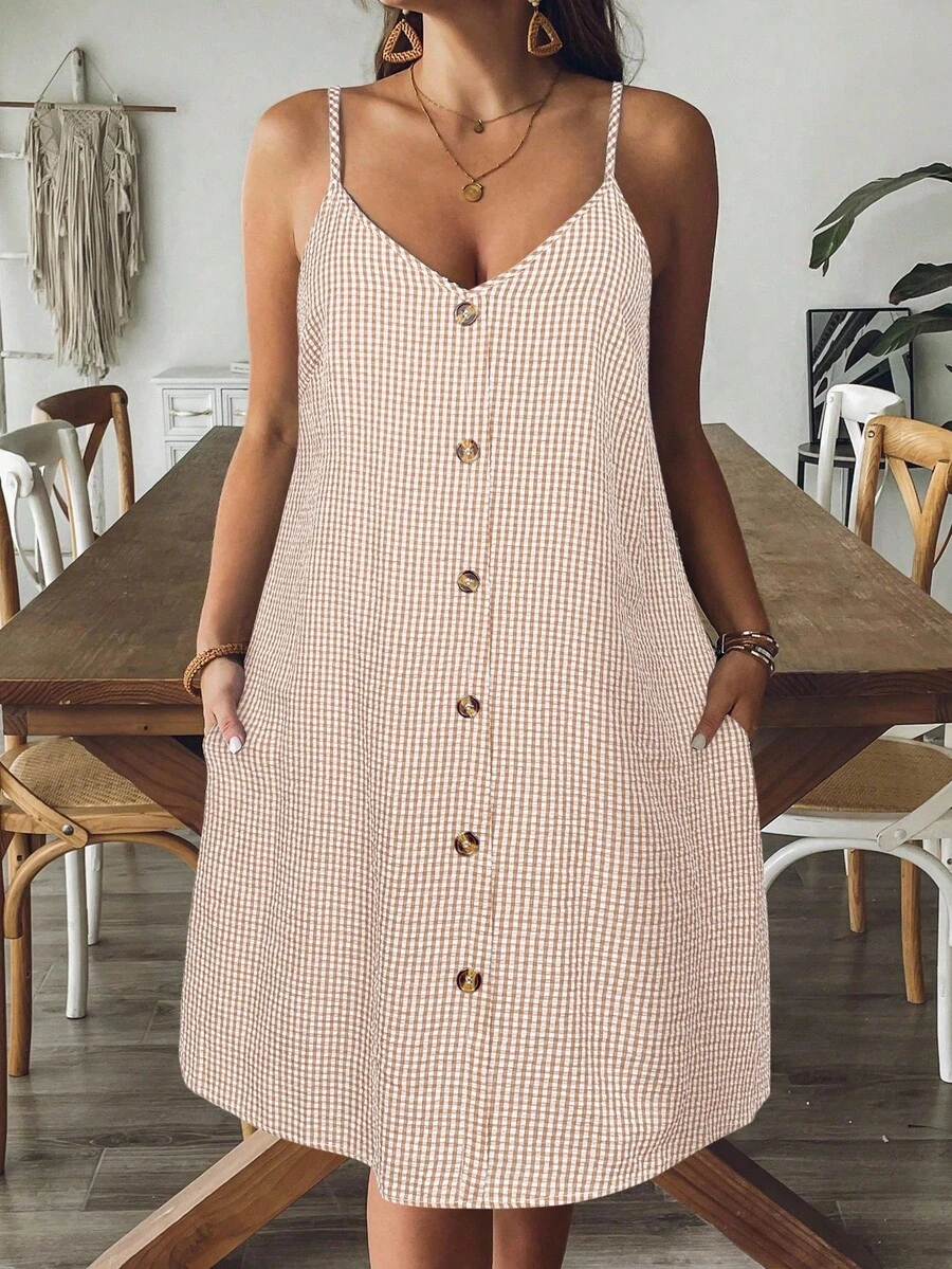 SHEIN VCAY Váy kẻ caro đen trắng thường ngày cỡ lớn dành cho nữ - Màu Khaki - Xem 1