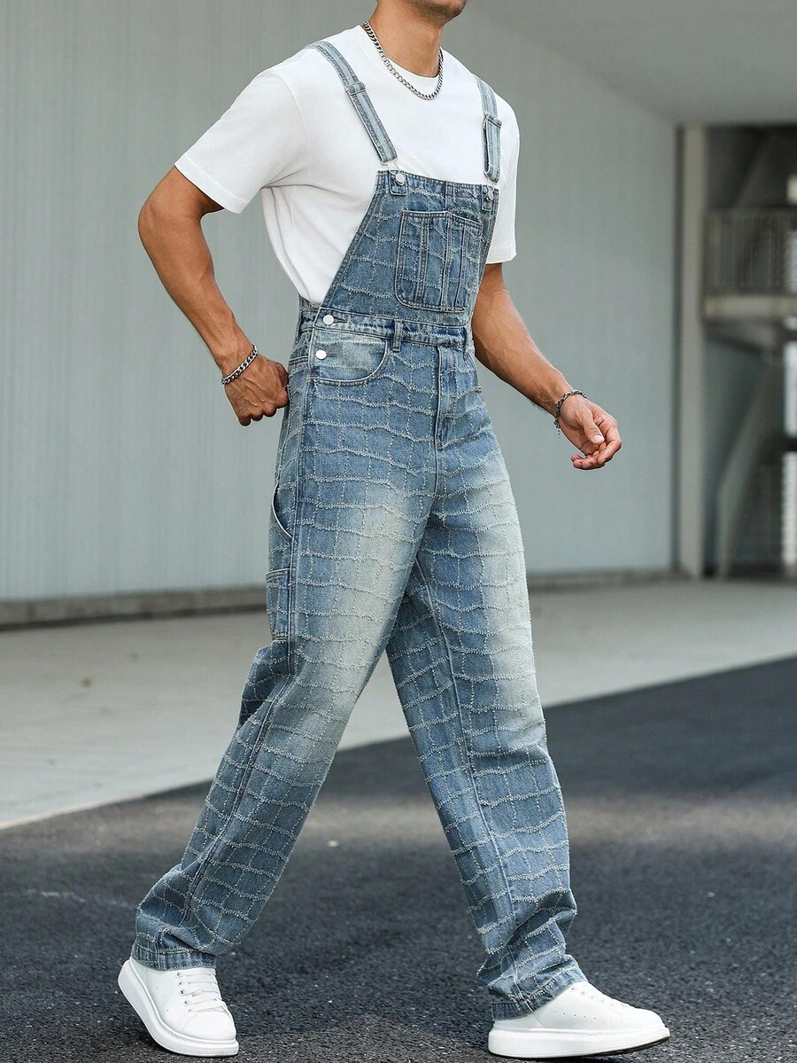 Manfinity Homme 男士休闲钩针多口袋牛仔背带裤，街头风格 - 淺色水洗藍 - 查看 1
