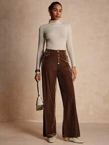 SHEIN Ladiora Quần nhung cổ điển đính nút kim loại dành cho nữ, mùa thu - Cà phê nâu - Xem 6