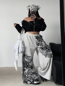 POPSWAY Quần nỉ thể thao thường ngày phong cách đường phố Punk Y2K màu xám nhạt cỡ lớn dành cho nữ, mùa thu - Xám - Xem 6