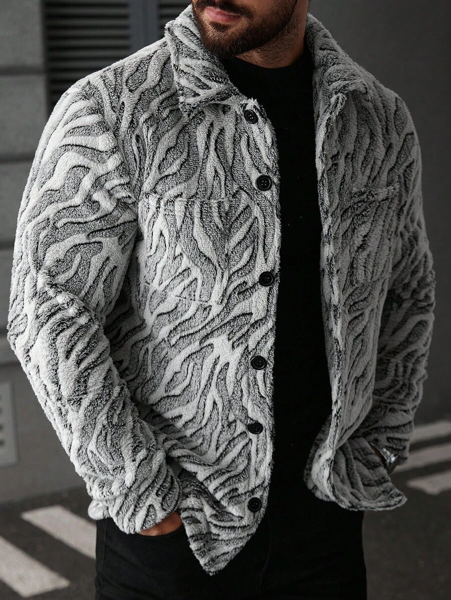 Manfinity LEGND 男士斑马纹长袖单排扣口袋羊毛夹克，秋冬 - 彩色 - 查看 1