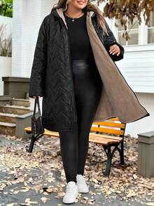 SHEIN CURVE+ Veste d'hiver casual à capuche avec doublure chaude pour femmes grande taille, convient pour l'hiver, vêtements en coton pour femmes grande taille - Noir - View 4