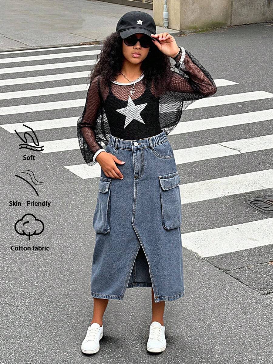 Fustă neagră nouă, la modă, cu croială lejeră, spălată, moale, casual, funcțională, cu buzunar, pentru fete preadolescente, respirabilă, potrivită pentru purtare zilnică, primăvară/vară 2025 - Noutăți