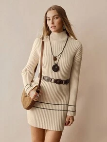Florisole Bohemian Line Casual Minimalist Sweater Dress - Apricot - View 8