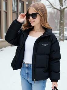 SHEIN Sparklyn Tween 女童休闲百搭通勤宽松立领字母印花棉服外套，秋冬季保暖 - 黑色 - 查看 2