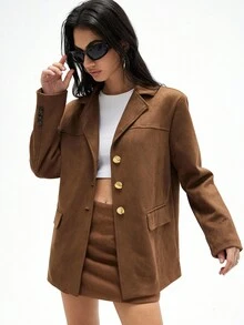 GENKIRA Brown Suede Retro High-End Lapel Asymmetric Button Versatile Women Blazer Jacket - Coffee Brown - View 4