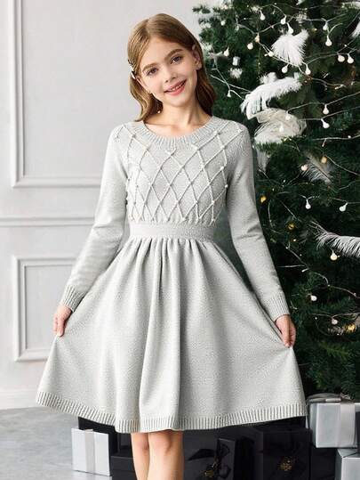 SHEIN Serisse Kids Vestido casual versátil para meninas adolescentes, de malha com cabo de diamante, com contas, manga comprida e cintura marcada, adequado para fins de semana, passeios casuais, volta às aulas, Halloween, Natal, Ano Novo
