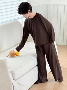 DAZY 2 件套儿童男童圆领针织长袖 T 恤 + 裤子家居服套装，秋季 - 棕色 - 查看 2