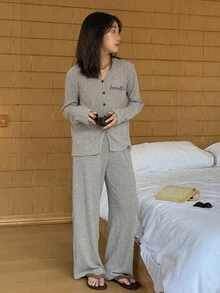 DAZY Tween Girl Letter Embroidered Button Front Long Sleeve Top And Pants Pajama Set - Khaki - View 7