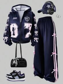 2 件套青少年女孩休闲蝴蝶结连帽拉链夹克和阔腿裤保暖内衬套装，秋冬 - 寶藍色 - 查看 1