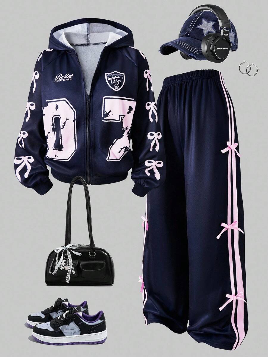 2 件套青少年女孩休闲蝴蝶结连帽拉链夹克和阔腿裤保暖内衬套装，秋冬 - 寶藍色 - 查看 1