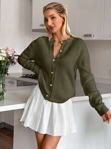 EURMUSE Women's Solid Color Minimalist Cardigan With Gold Buttons, Elegant,Long Cardigans Woman,Petite Cardigans,Cardigans - Army Green - View 3