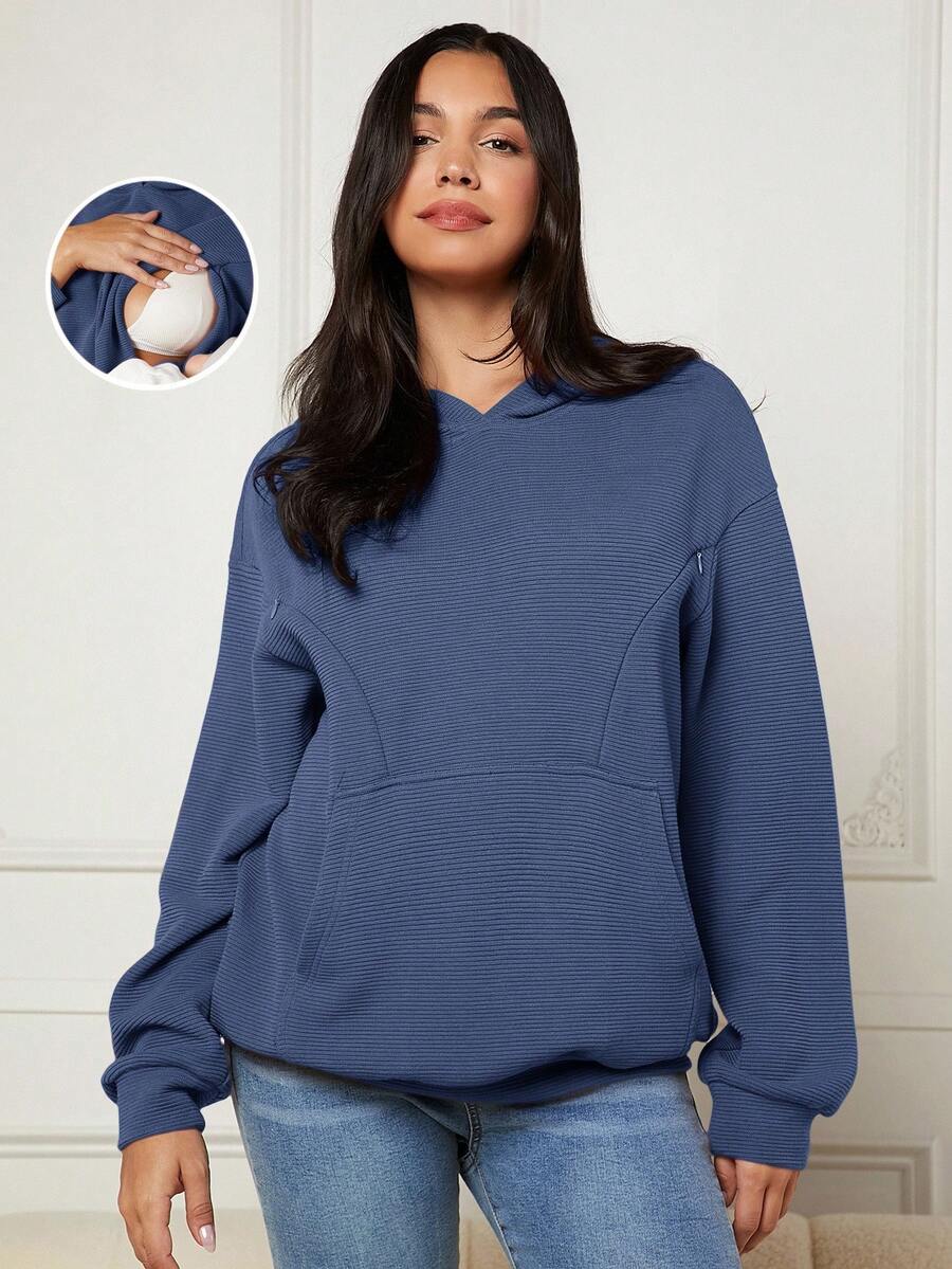 SHEIN 深藍色休閒簡約日常哺乳連帽衫 孕婦針織長袖羅紋上衣口袋大尺碼標準版女款秋季運動衫 - 藍色 - 查看 1