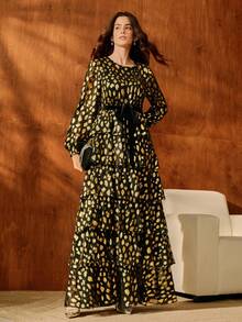 Anewsta Women's Autumn/Winter Formal Business Long Sleeve Metallic Embossed Layered Waist Cinching Velvet Bowknot Dress, Suitable For Lining Under Dresses