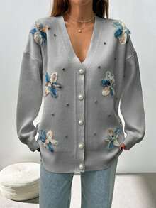 SHEIN Woman Appliques And Rhinestones Detailed Button Front Cardigan - Grey - View 4