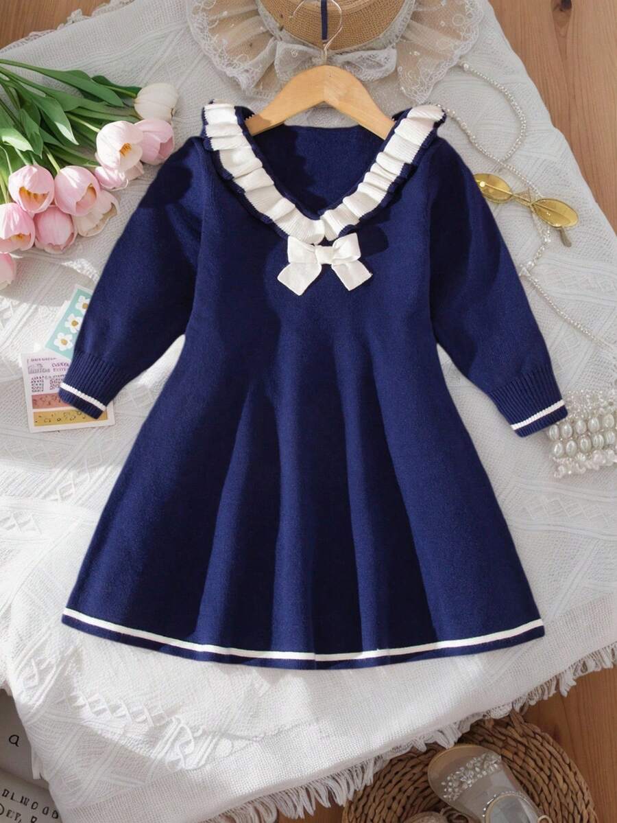 Young Girl' Fashion French Bow Navy Blue Knitted Sweater Dress, Autumn/Winter - Royal Blue - View 1