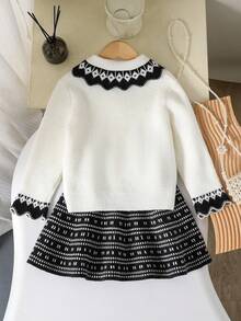 女童毛衣裙套装，荷叶边领针织开衫和百褶裙，适合年轻女孩的学院风针织连衣裙，2025 秋冬新品系列 - 杏色 - 查看 2