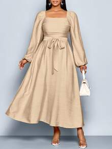 SOLERSUN Vestito casual ed elegante da donna taglie forti, con scollo quadrato, maniche lunghe, arricciatura frontale e balza in vita, adatto per l'autunno e l'inverno. Nuovo vestito da donna per primavera/estate, in tessuto a trama intrecciata, con spalline, adatto per appuntamenti, shopping e uso quotidiano.