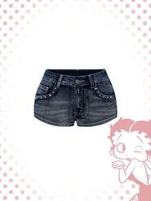 Betty Boop | ROMWE Spring/Summer Vintage Y2K Punk Style Super Low Waist Super Short Embroidered Pistol Women's Denim Shorts - Dark Wash - View 2