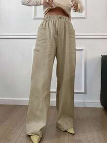 Livesso Solid Color Elastic Waist Patchwork Straight Leg Pants Fall