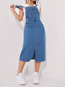 Flexra 大码女式休闲时尚街头开衩下摆宽松牛仔连衣裙 - 藍色 - 查看 7