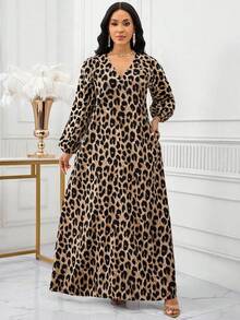 SHEIN Lady 女式超大V领灯笼袖口袋豹纹连衣裙 - 彩色 - 查看 5