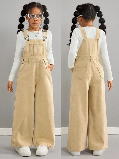 SHEIN 女童纯色简约牛仔背带裤