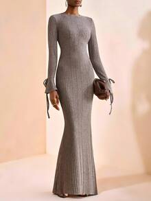 Zivah 2025秋季新款音乐节毕业季休闲针织连衣裙，优雅喇叭袖，温暖柔软，适合日常、海滩、度假，棕色 - 棕色 - 查看 1