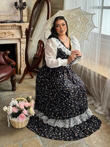 Lyrianda Vintage Romantic Floral Lace Patchwork Elegant Contrast Color Dress