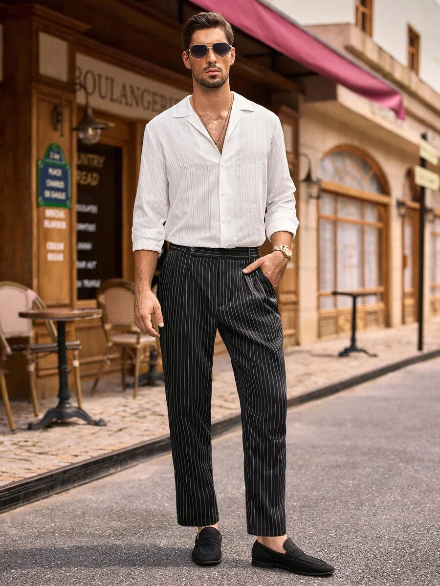 Manfinity VCAY 男士休闲商务假日复古翻领条纹白色长袖衬衫，白色优雅衬衫，轻薄夏季衬衫，秋季 - 白色 - 查看 1