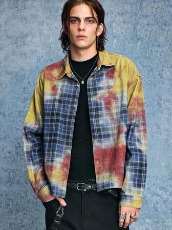 Grunge Punk Camisa vaquera casual de hombre con parches y cuadros, para otoño