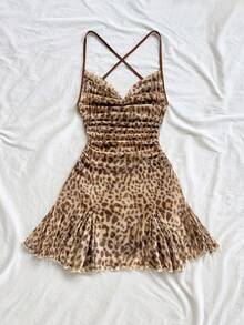 Soleia Vestido mini de tirantes finos para vacaciones de mujer, con cuello drapeado, espalda descubierta, lazo, cola de pez, estilo sexy, vestido mini, longitud té, compras, romántico, cita, atuendo de playa, malla, joven, femenino - Multicolor - Ver 4
