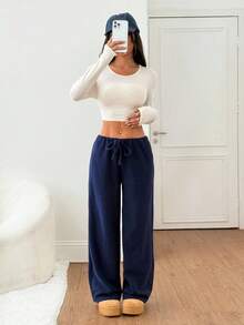 SHEIN PETITE 女款純色寬鬆休閒褲，冬季寬腿運動褲舒適海軍藍抽繩居家褲，感恩節休閒家居褲，小碼女款 - 藍色 - 查看 7