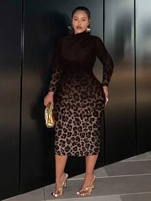 Slaydiva Đầm Maxi Ôm Body Tay Dài Họa Tiết Da Báo Ombre Tối Giản Thường Ngày, Phù Hợp Cho Mùa Xuân & Thu, Size Lớn - Nhiều màu - Xem 5