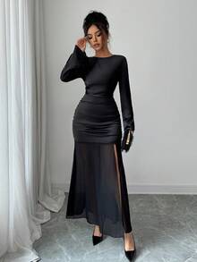 Rafferiza Damen elegantes Chiffon-Kleid mit Rüschen, Schlitz und langen Ärmeln, glänzende Oberfläche, schwarze Farbe für Winterpartys