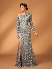 Serin 优雅奢华刺绣珍珠亮片蕾丝透视长袖褶饰高开衩鱼尾裙，适合婚礼、派对、度假、庆典、晚会、新娘妈妈礼服 - 淺灰色 - 查看 7