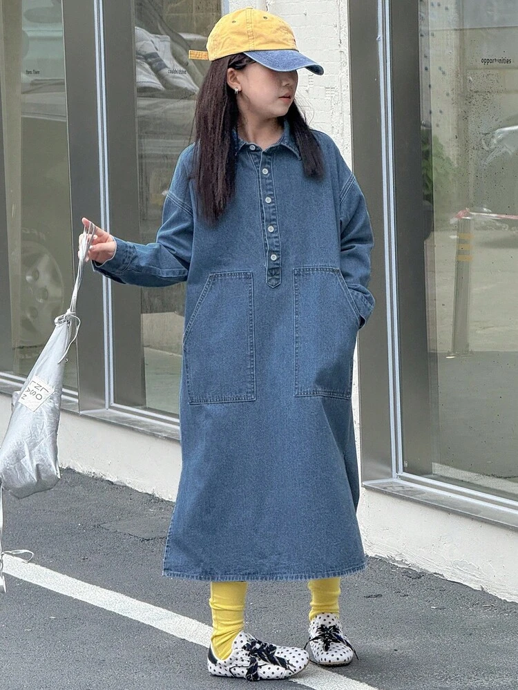Girls Denim Collared Long Sleeve Dress