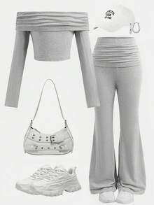 SHEIN 青少年女孩 2 件纯色浅灰色春秋露肩长袖短款上衣和喇叭裤休闲套装，适合日常穿着，适合返校