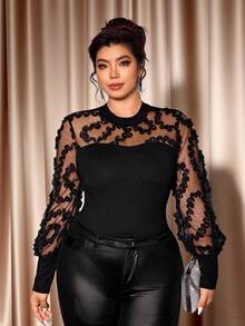 Elenzga Christmas Embrace Your Inner Shadow | Dark Feminine Fashion (Wednesday Aesthetic) Plus Size Fashionable Stand Collar Long Sleeve Elastic Knit Mesh Patchwork Luxurious Elegant Sexy Party Blouse, Slimming - Black - View 9