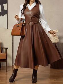 Zelara Váy nữ cỡ lớn màu nâu bằng da PU, kiểu dáng thường ngày, thanh lịch cho Giáng sinh, mùa thu đông, dự tiệc, lễ hội, váy da thanh lịch cho nữ, váy mùa đông thu cho nữ, váy Giáng sinh cho nữ, váy năm mới, váy Lễ Tạ ơn cho nữ, váy dự tiệc sang trọng, váy dạ hội cho nữ, váy thanh lịch, váy dự tiệc bằng da, váy dự tiệc thanh lịch chất lượng cao cho nữ. - màu nâu - Xem 5