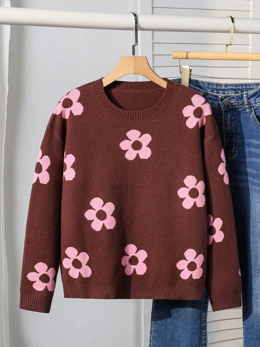 SHEIN Tween 女童时尚提花向日葵套头毛衣,圆领花卉提花长袖针织上衣,百搭日常穿着 - 咖啡棕 - 查看 1