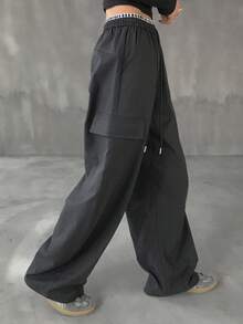 FRIFUL 女式腰部格纹拼布直筒工装运动裤女式慢跑裤 - 藏蓝色 - 查看 5