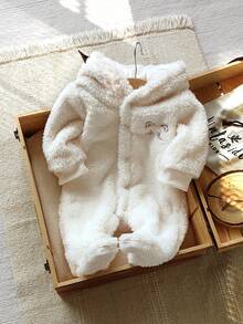 SHEIN 新生儿简约时尚可爱刺绣小猫长袖连帽连体睡衣 - 白色 - 查看 3