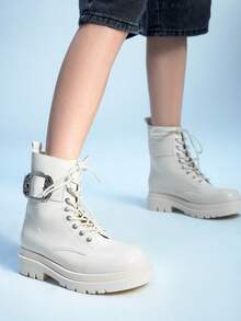 Sugerpunk Gothic Round Toe Buckle Design Chunky Heel PU Leather Punk Boots, Suitable For Party, Daily Wear, And Collegiate Style - Beige - View 3
