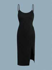 Flirla Plus Size Autumn/Winter Ribbed Asymmetric Design Top + Spaghetti Strap Pleated Split Contrast Color Dress 2 Pieces Set - Multicolor - View 5