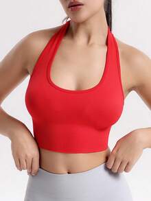 SHEIN Sports 女款極簡純色挖肩式運動內衣，無縫設計 - 紅色 - 查看 4